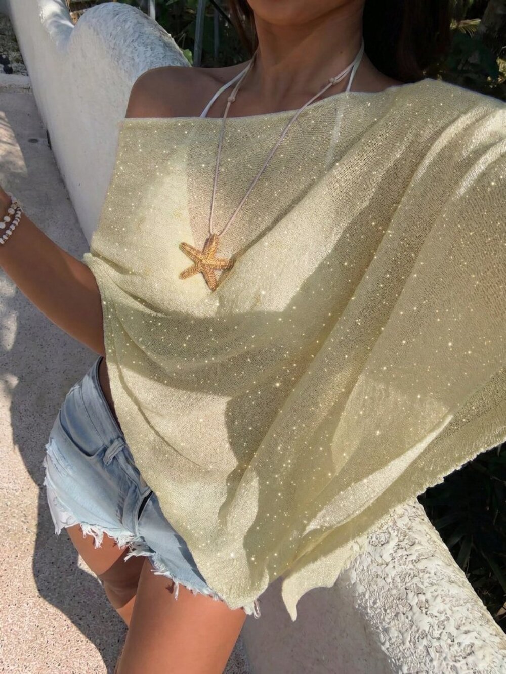 Light Yellow Casual Vacation Women's Asymmetrical Shoulder Loose Knit Cover-Up - Picture 4 of 6
